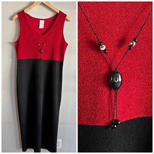 Vintage Red Black Colorblock Sleeveless Maxi Dress Necklace Size 10